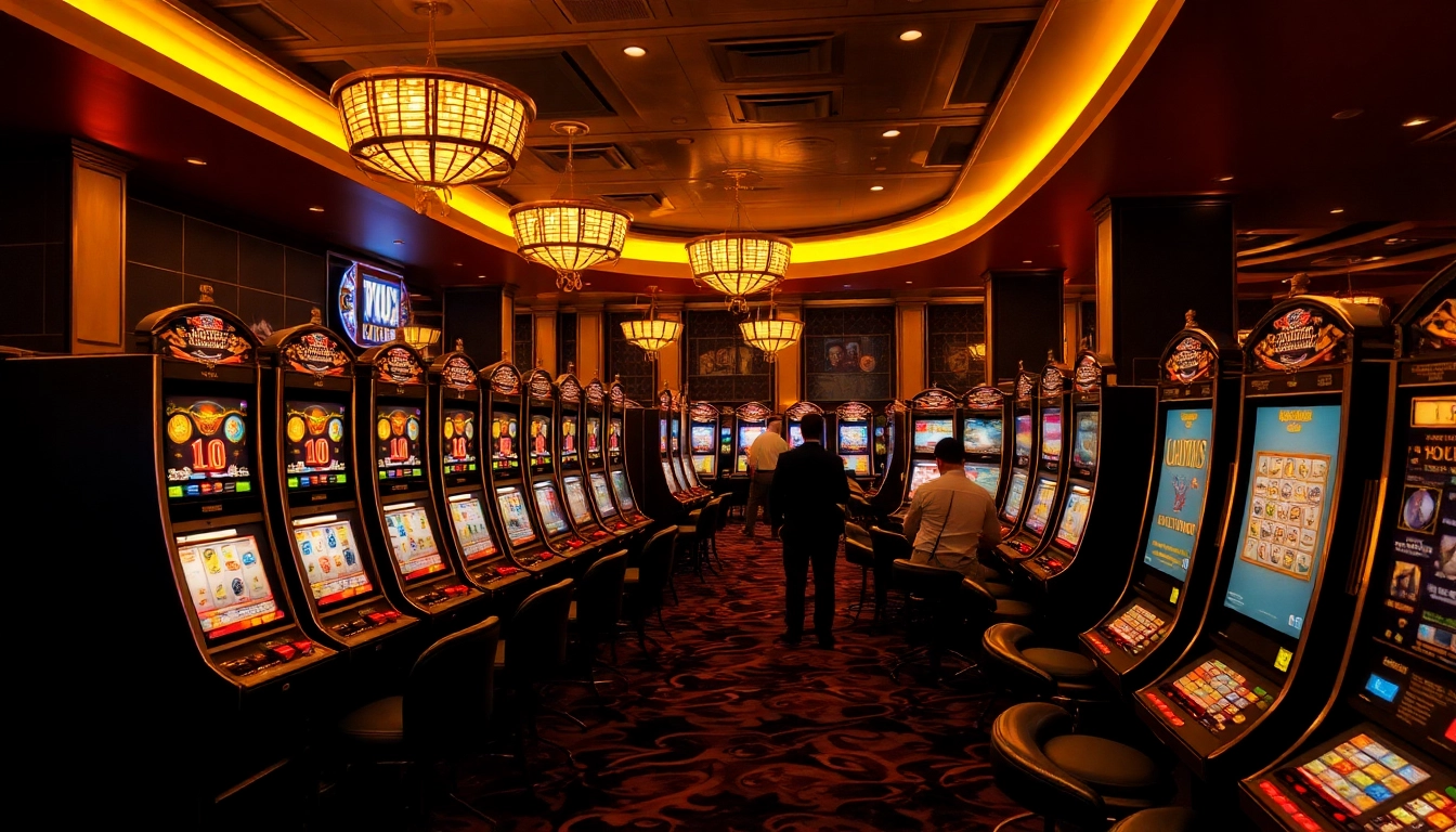 Spielen Sie im Casino ohne Anmeldung an eleganten Spielautomaten mit goldenen Details in einladender Atmosphäre.
