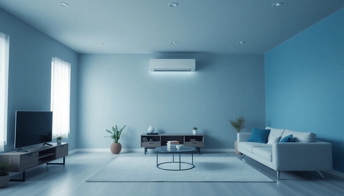 In a cozy living room, a Klimaanlage efficiently cools the space, enhancing comfort with a sleek design.