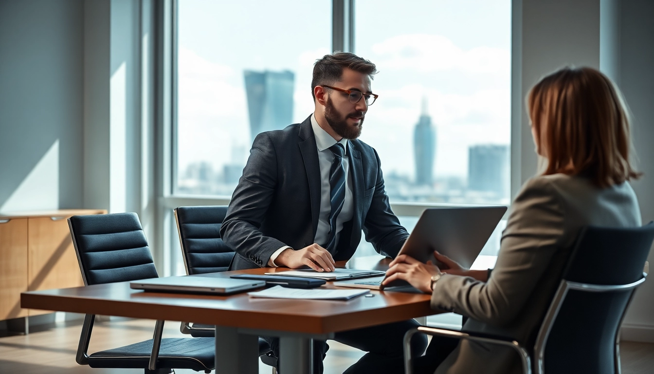 Headhunter Frankfurt führt ein Gespräch mit einem Kandidaten in modernem Büro.