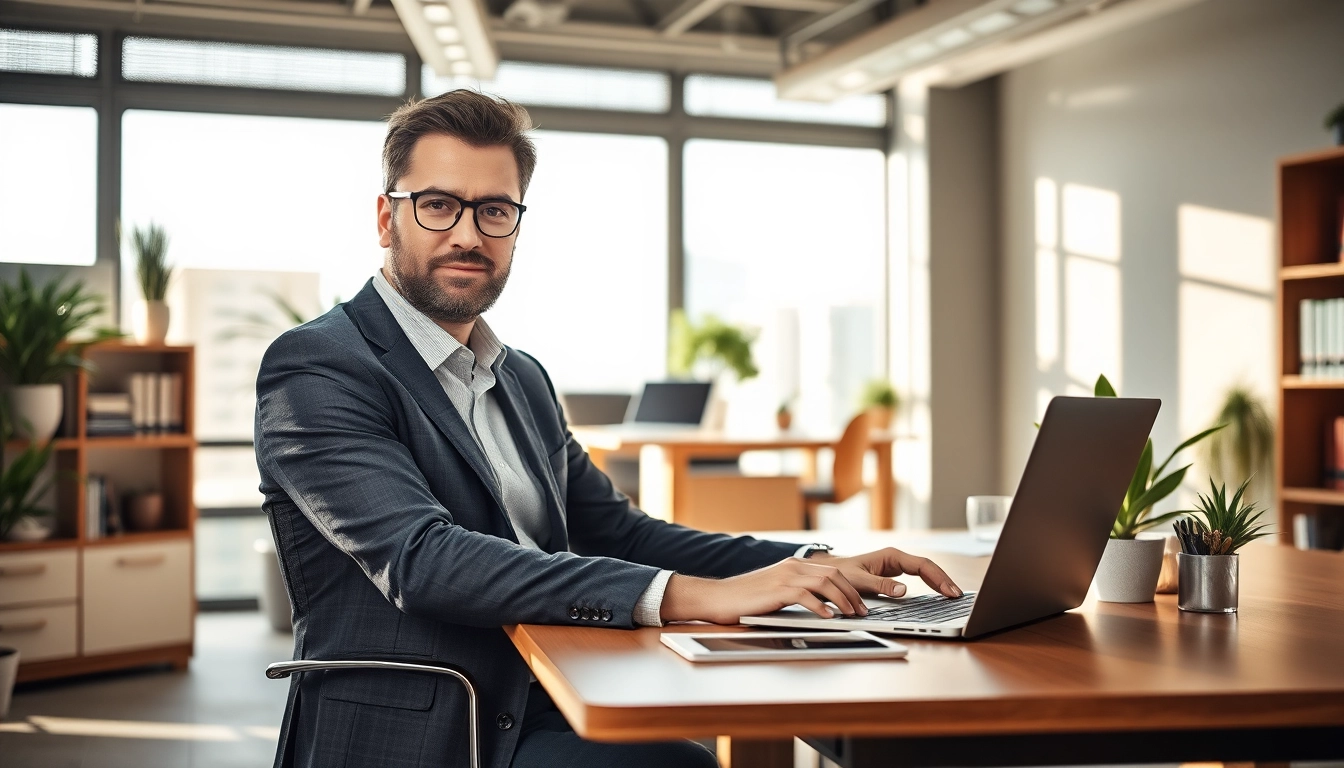 Headhunter arbeitet fokussiert in einem modernen Büro, um Fachkräfte zu rekrutieren.