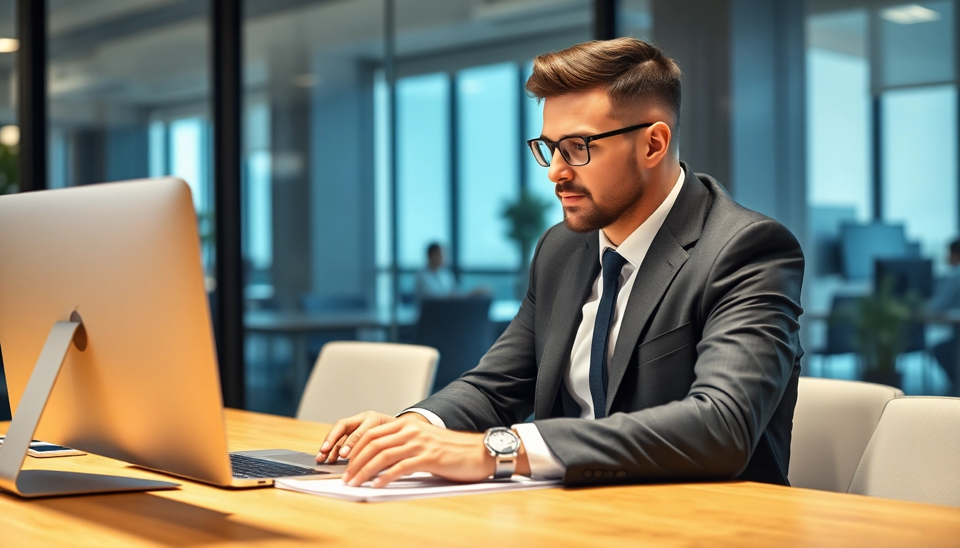 Headhunter bewertet Kandidaten am Laptop in einem modernen Büro.