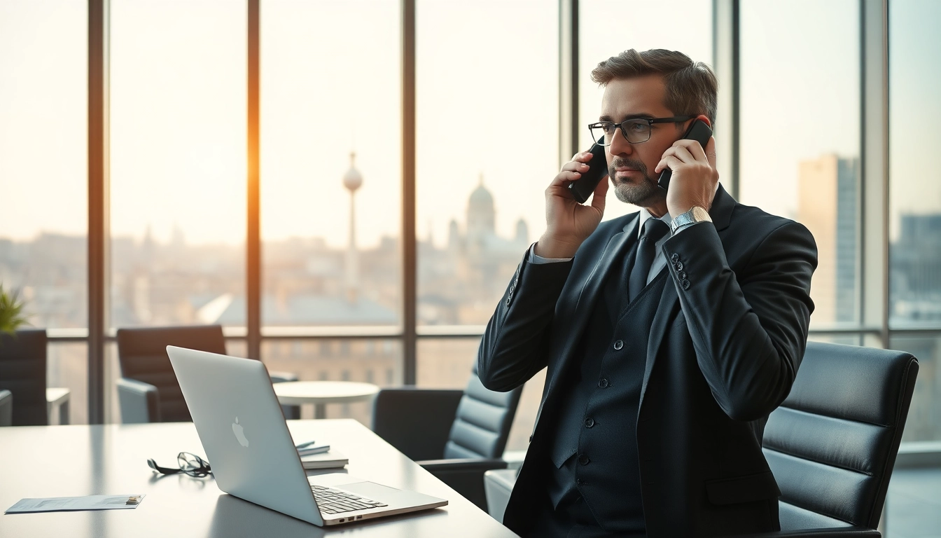 Professioneller Headhunter Berlin im modernen Büroumfeld bei einem Telefonat.