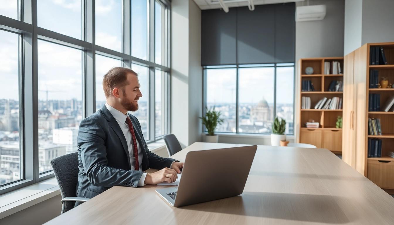 Professioneller Headhunter Dresden arbeitet in modernem Büro mit Laptop.