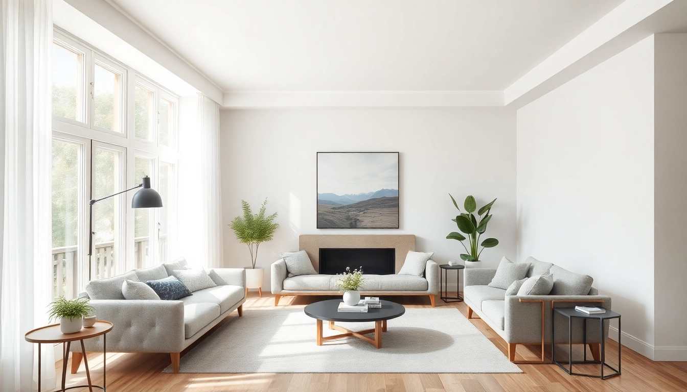 Elegante Raumgestaltung in einem modernen Wohnzimmer mit großen Fenstern, warmen Holztönen und stilvollen Kunstwerken.