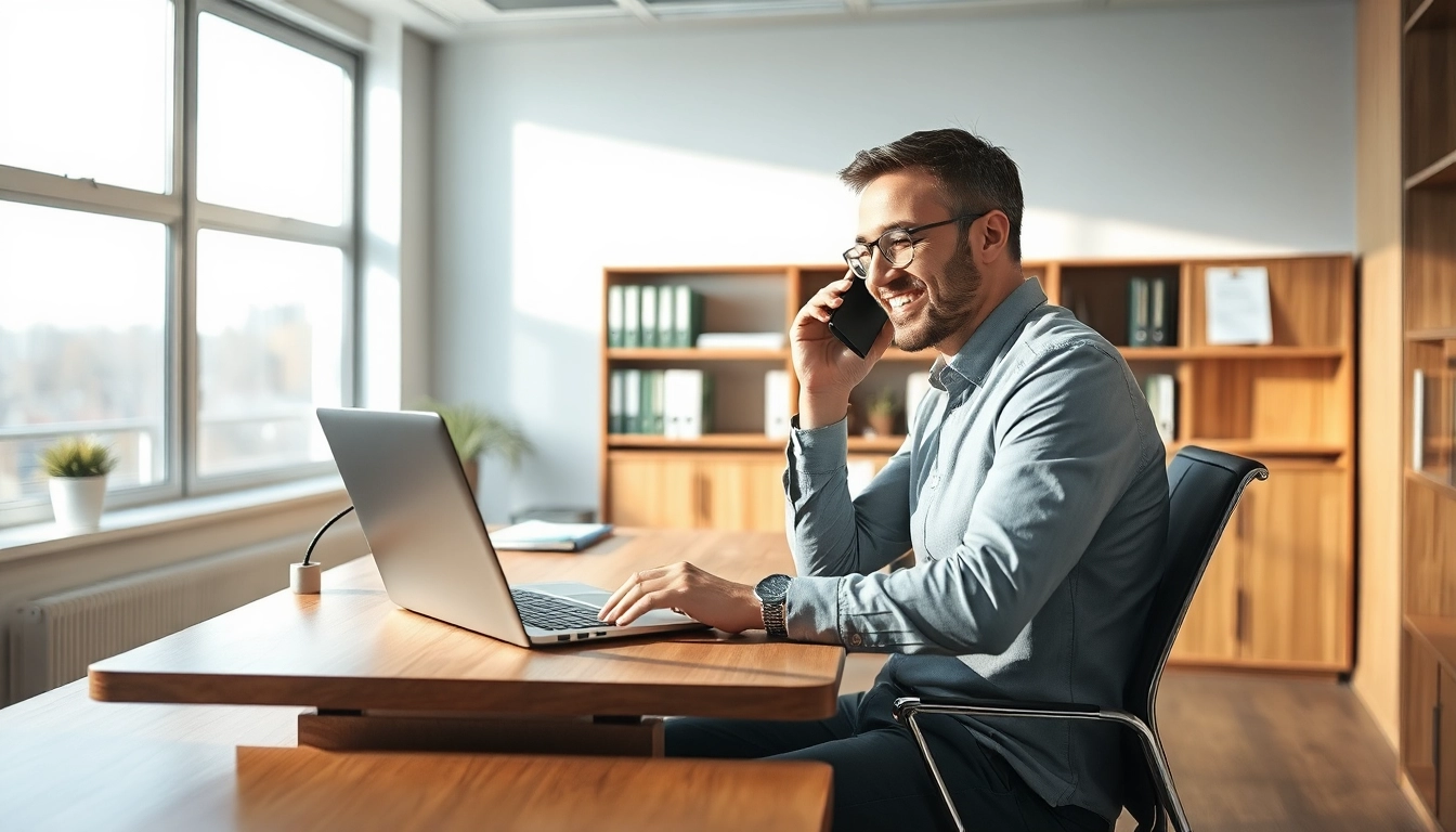 Headhunter Braunschweig am Arbeitsplatz, Telefonat führend und professionell.