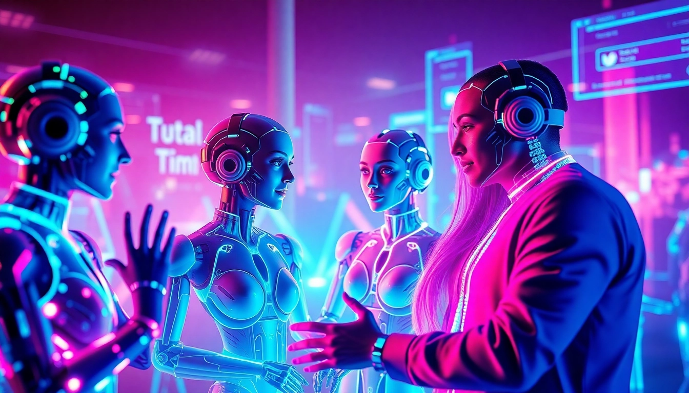 Experience ai sex chat free with engaging AI chatbots in a vibrant, futuristic setting.