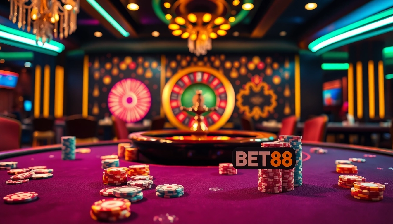Players enjoy high-stakes poker at a BET88 casino table, capturing the excitement of gambling.
