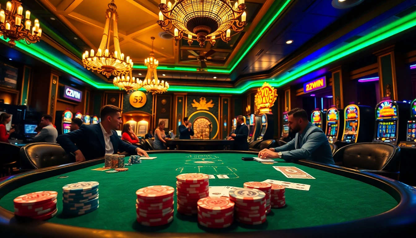 Players enjoying a high-stakes poker game at a luxurious 52WIN casino table.
