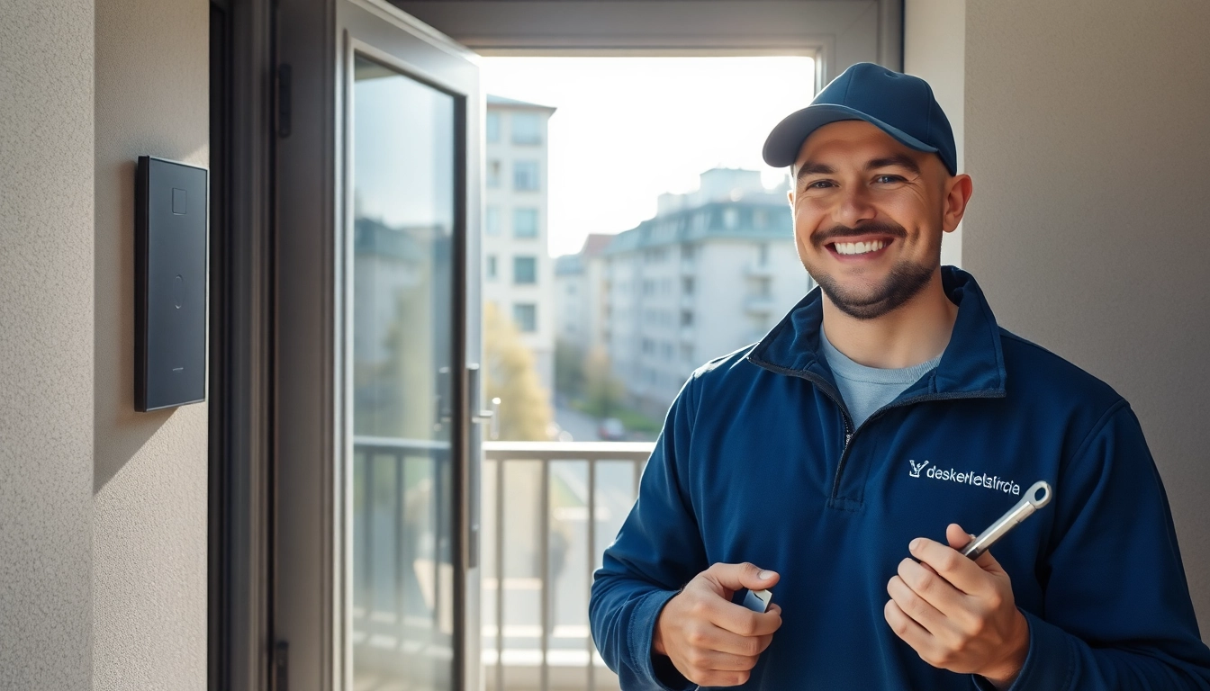 Schlüsseldienst Berlin 24h: Professioneller Techniker öffnet eine Tür in Berlin mit einem Lächeln.