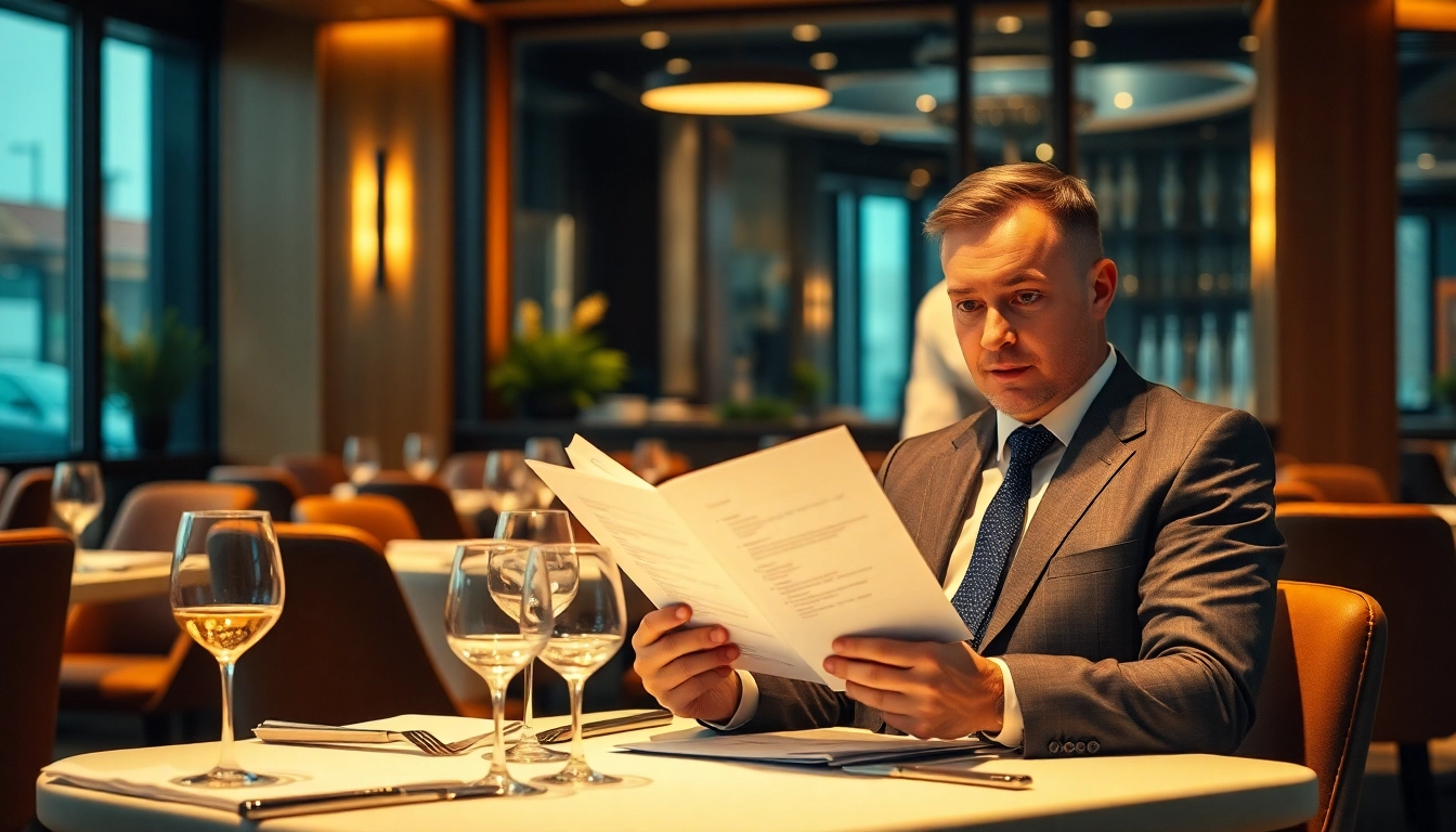 Headhunter Gastronomie betrachtet Lebenslauf in stilvollem Restaurant-Setting.