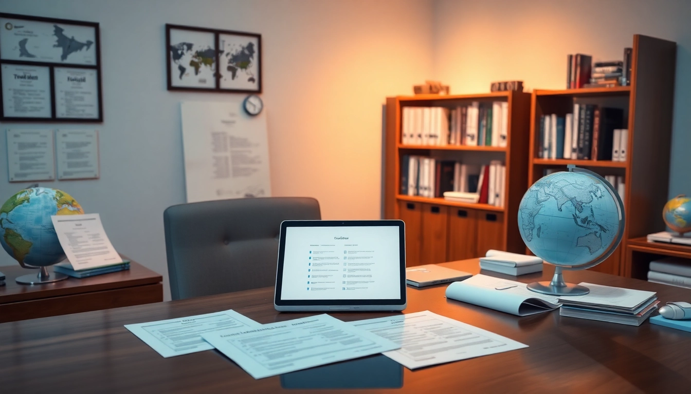 Professionelles Büro für beglaubigte Übersetzung mit Dokumenten und Laptop.