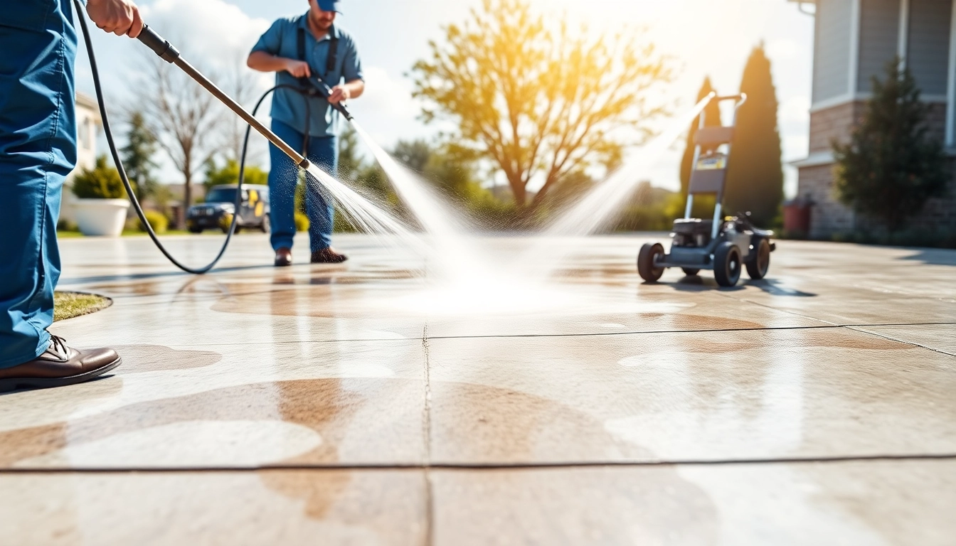 Concrete cleaning in progress, showcasing effective pressure washing on a driveway.
