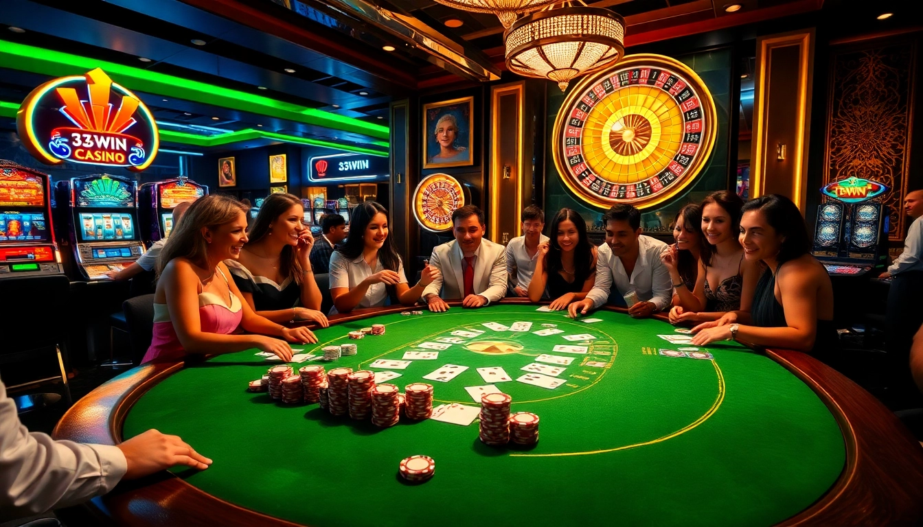 Players enjoy a thrilling blackjack experience at 33WIN casino, surrounded by vibrant gaming elements.