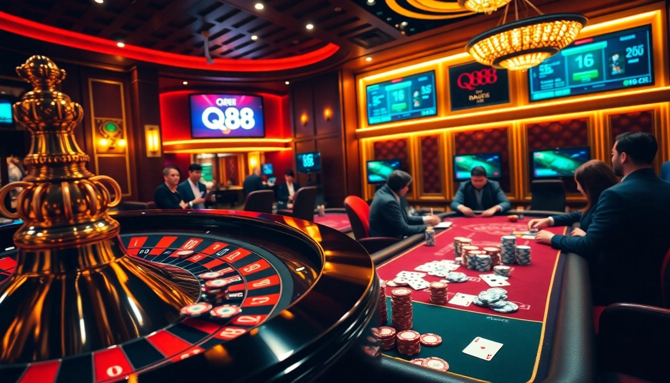 Engage in the thrill of qh88 casino gaming with vibrant poker tables and roulette wheels.