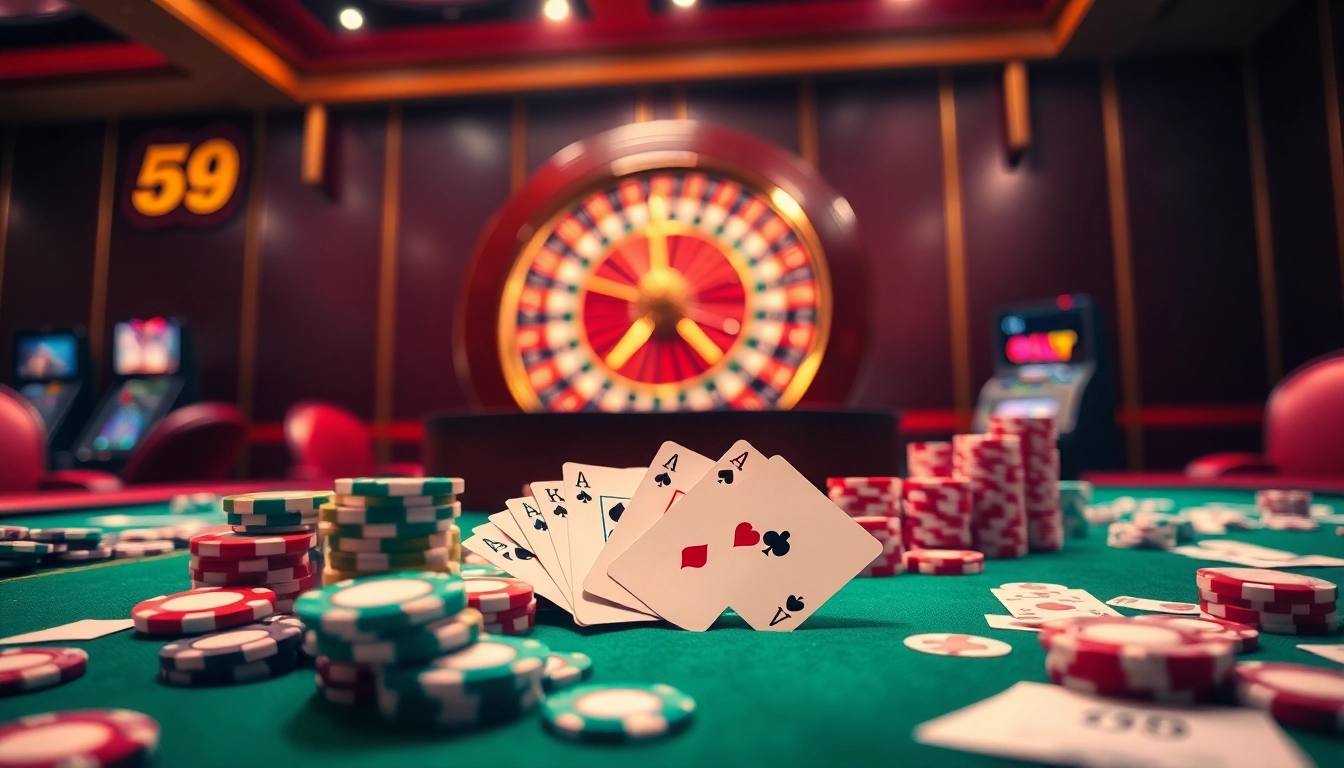 Experience excitement at 789club with vibrant casino tables, poker chips, and roulette wheels.