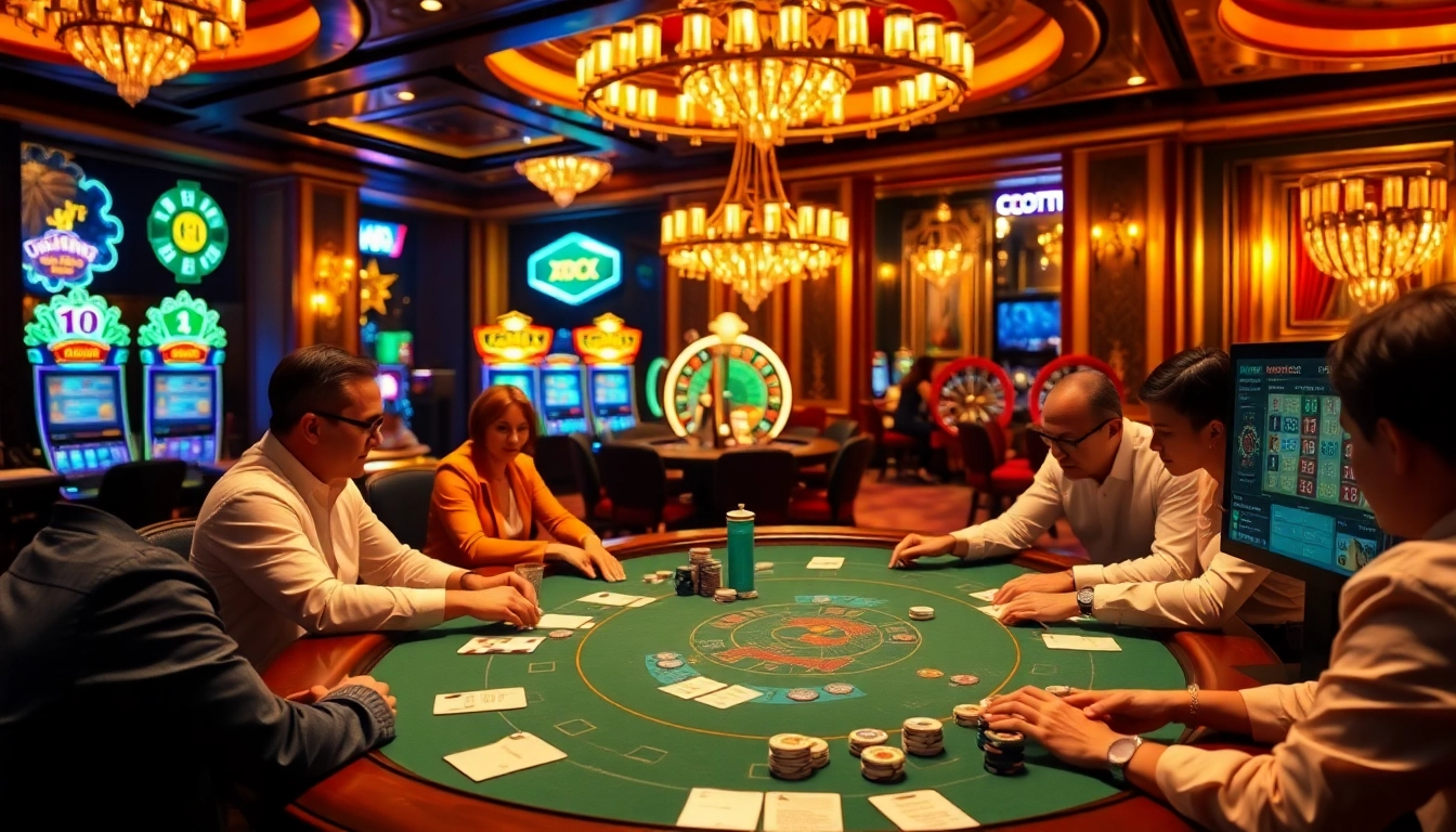 Intense poker game at https://xx88.eu.com/ casino table showcasing vibrant action and luxury decor.