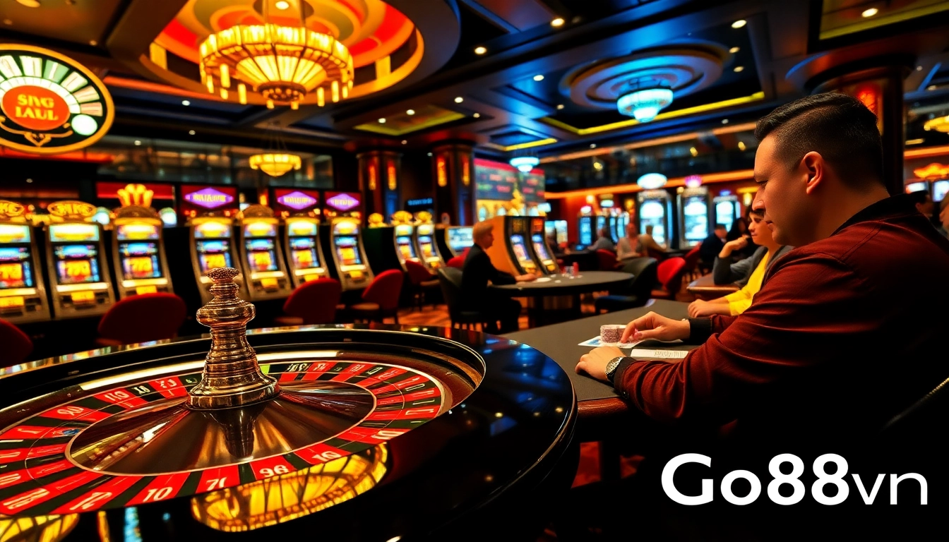 Engaging players at the luxurious Go88vn casino table amidst vibrant gaming excitement.