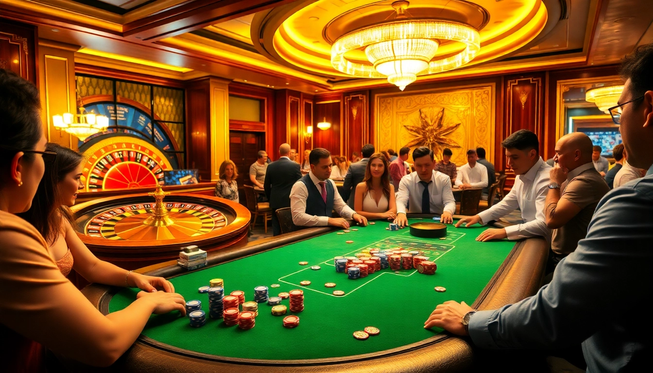 Exciting casino scene at https://x88casino.net/ featuring engaged players at a poker table and a roulette wheel.