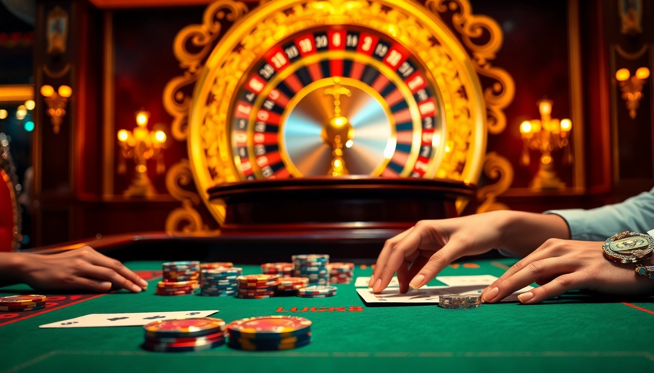 Cảnh casino bắt mắt, trình diễn trò chơi poker của LUCK8 và LUCKY8 với màu sắc tươi sáng và nội thất sang trọng.