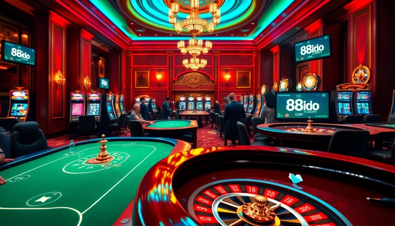 Experience the excitement of gambling with 88i com amidst a lively casino scene of players, slot machines, and roulette.