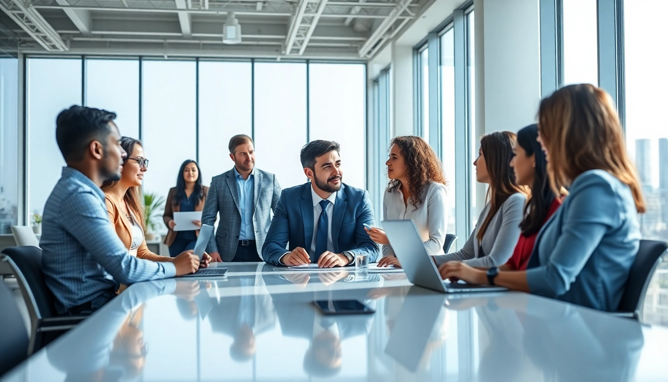 Headhunter IT in a professional setting, engaging with a diverse team in a bright office.