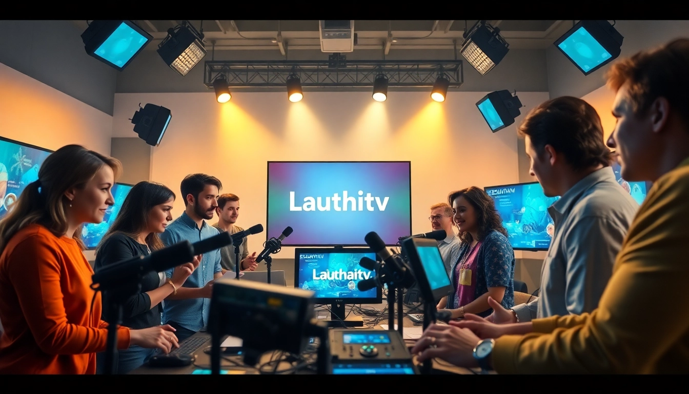 Innovative broadcasting setup featuring Lauthaitv logo and diverse individuals engaged in media production.