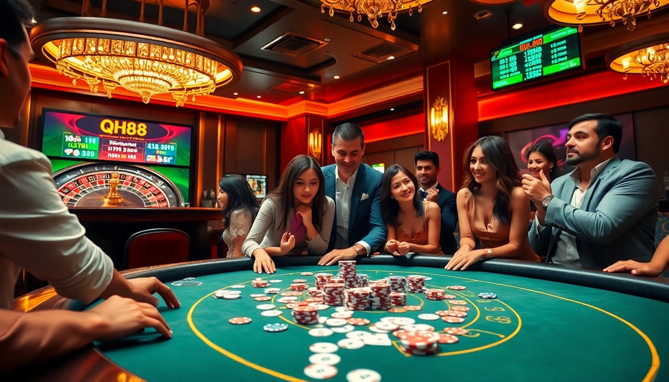 Engaged players enjoying a thrilling game at a qh88 casino poker table.
