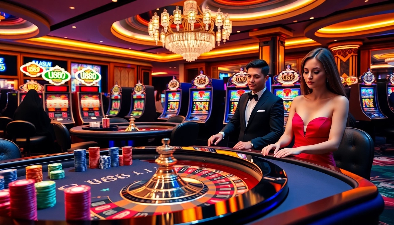 Experience U888 casino gaming with vibrant tables, poker chips, and lively players in a luxurious setting.