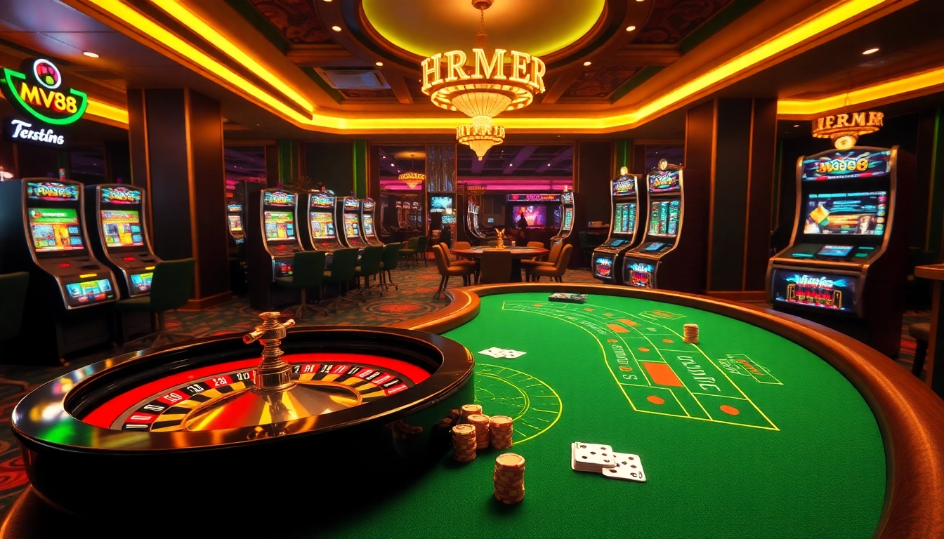 Betting excitement at the mv88 casino with a luxurious roulette wheel and vibrant slot machines.