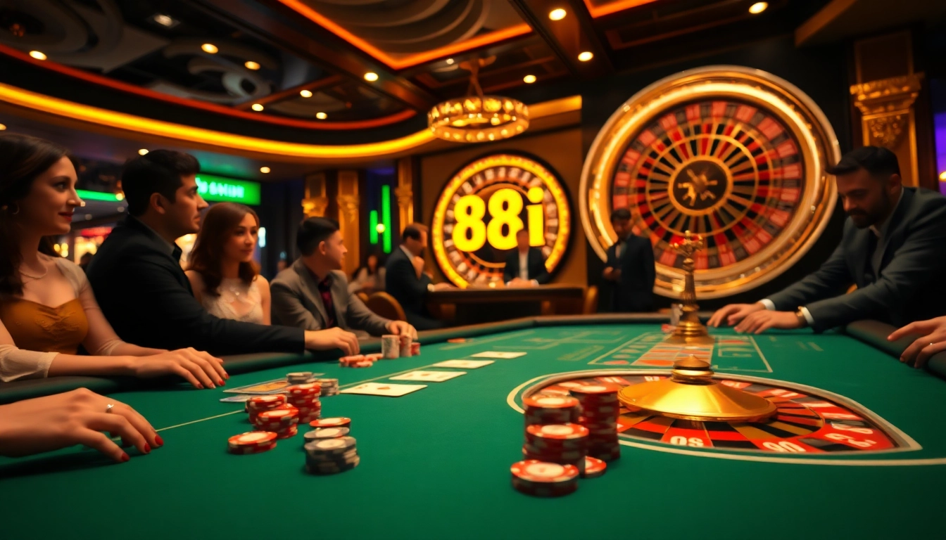 Exciting players betting at a poker table with 88i branding in a dazzling casino scene.