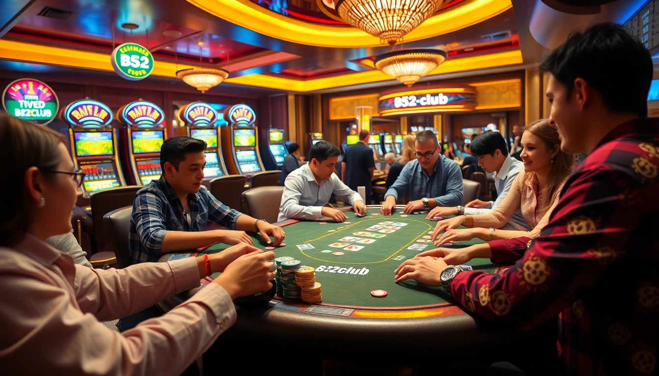 B52club players strategizing at a luxurious poker table surrounded by lively casino elements.