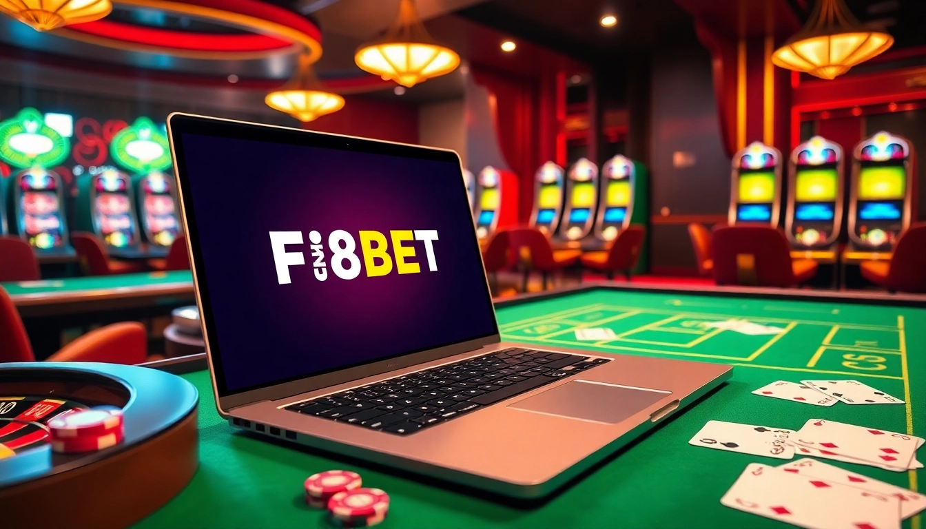 Experience the excitement of F8BET in a luxurious casino setting with vibrant colors and engaging games.