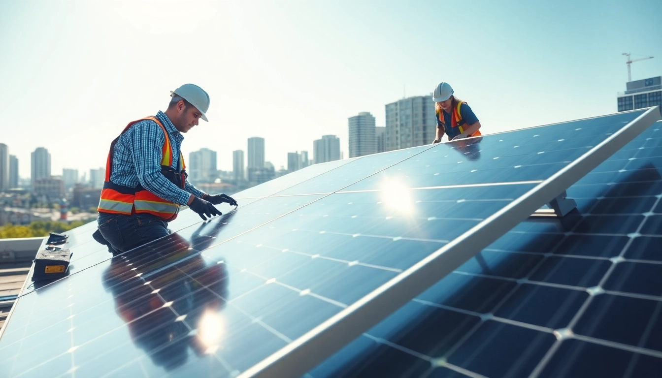 Photovoltaikanlage Kaufen Wien mit Installationstechnikern auf einem städtischen Dach.