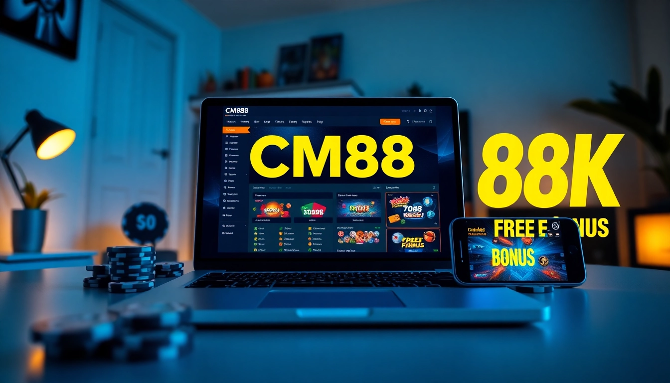 Exciting digital scene of CM88 online betting platform on laptop and mobile devices.