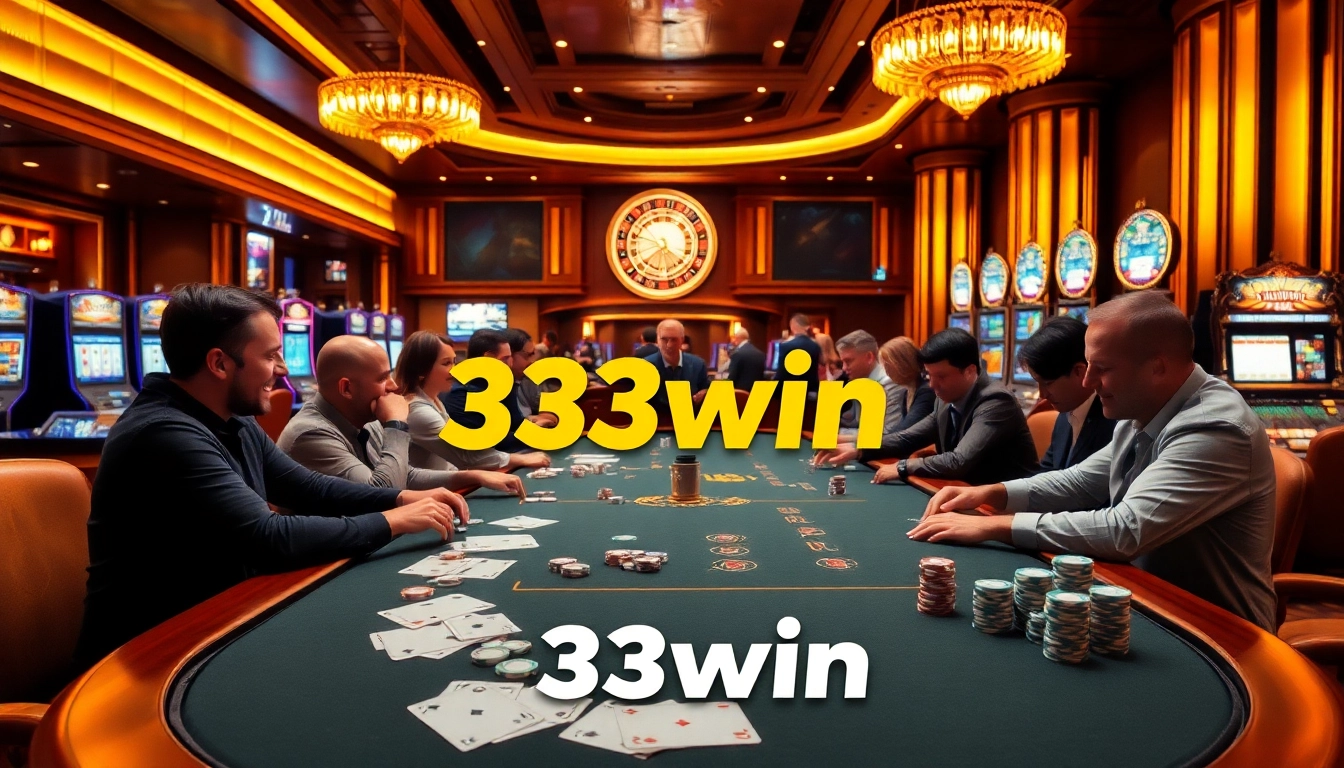 Players enjoying poker and roulette in a luxurious casino scene featuring 33win branding.