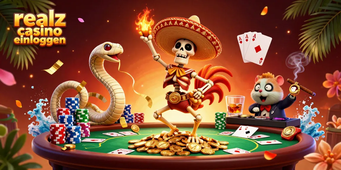 Realz Casino einloggen: Eine Szene mit einem tanzenden Skelett-Mariachi und Casino-Elementen.